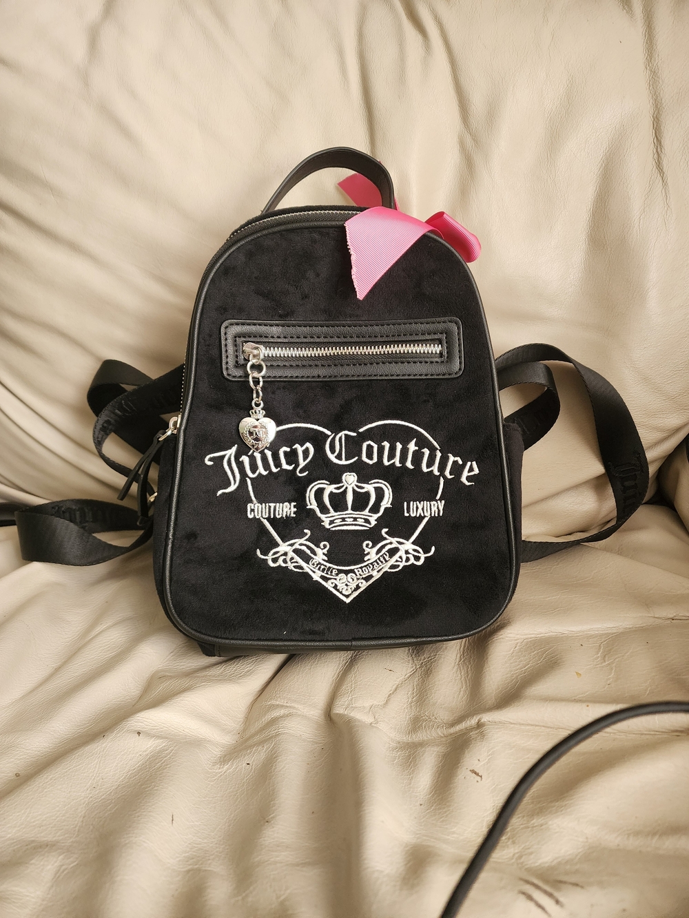 Juicy Couture Black Velvet Mini Backpack with Pink Bow